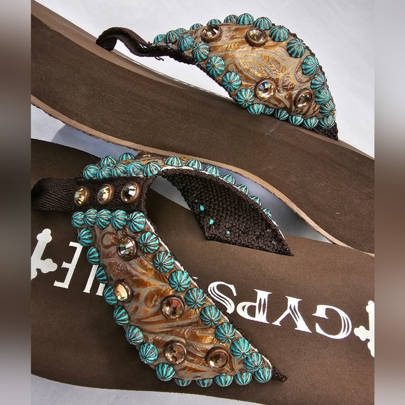 GYPSY SOULE Brown Flip-flops Turquois Copper Crystal Rhinestone Metallic size 8 - Picture 6 of 11
